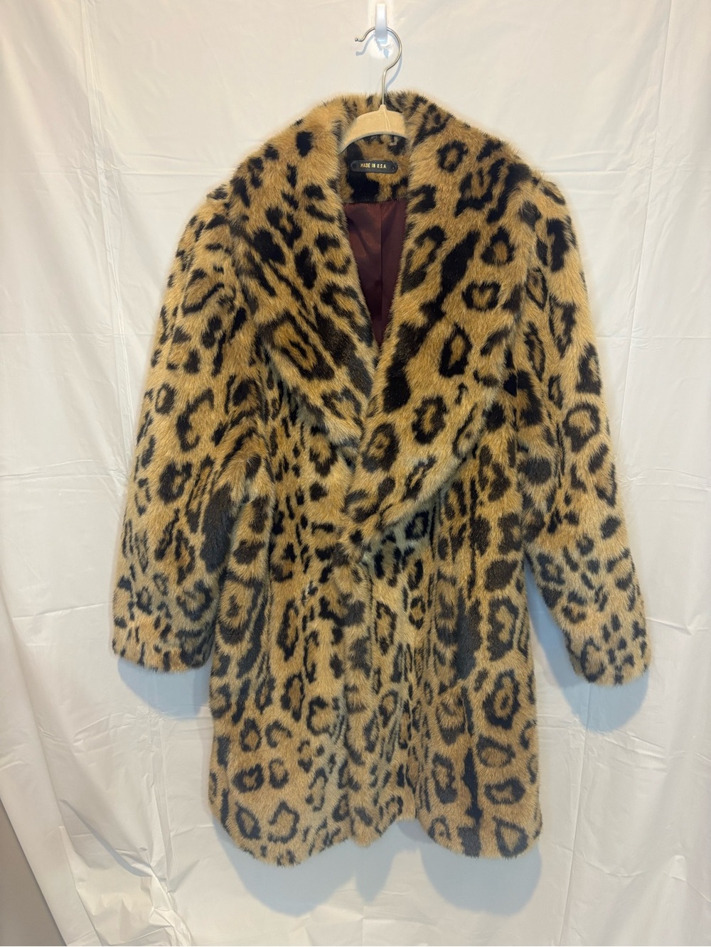 Vintage Made in USA Leopard Print Faux Fur Long Coat Jacket Leather Accent